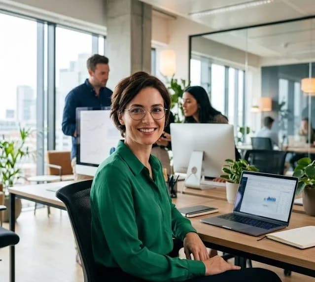 A smiling recruiter at her desk in a bright open-plan office